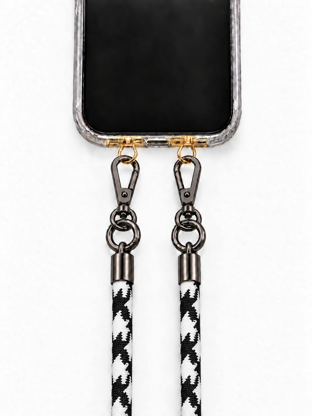 8-mm-Umhängebändel Schwarz-Weiss Hahnentritt mit zwei schwarzen Haken, mit Metalladapter in Gold