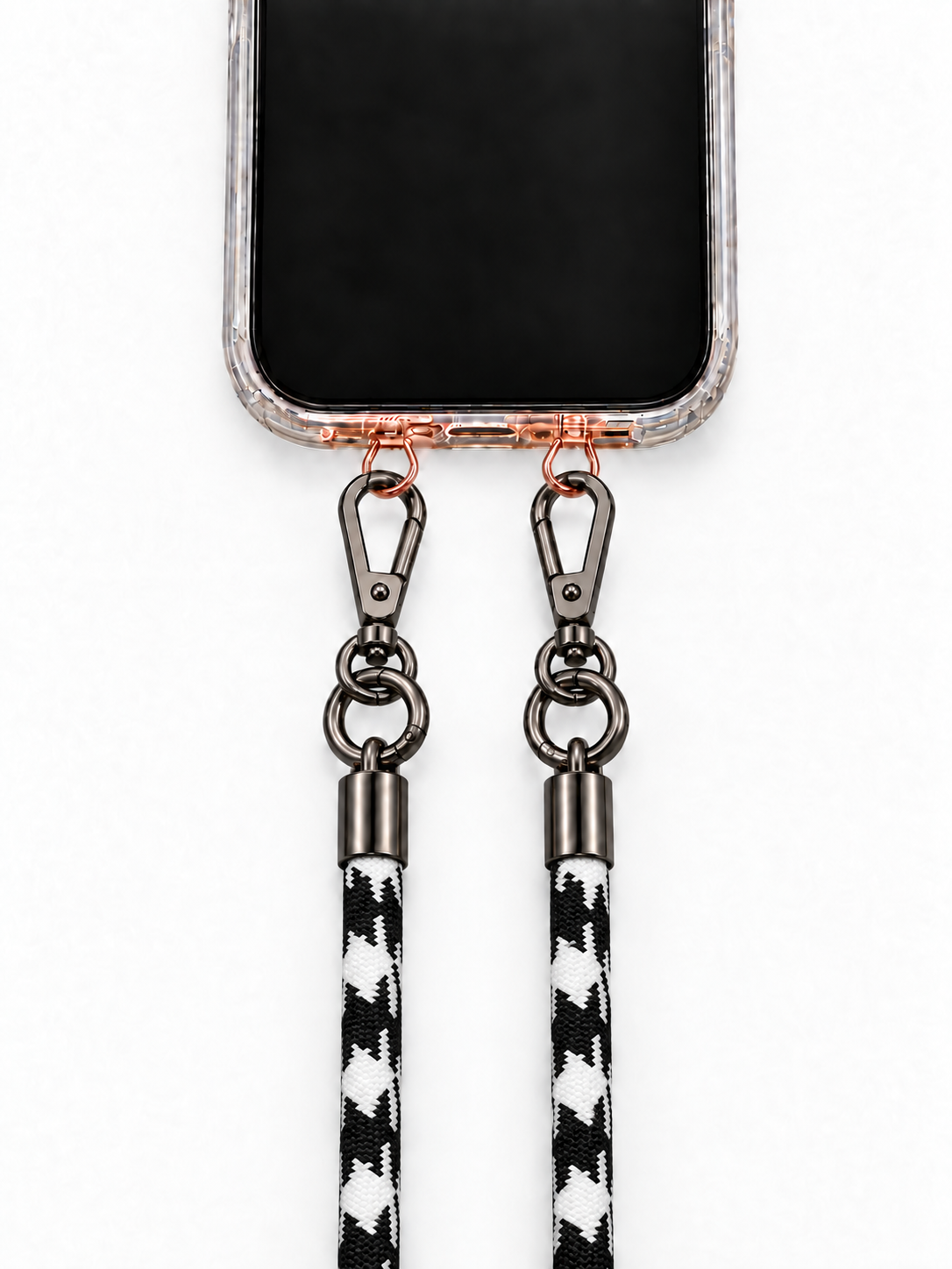 8-mm-Umhängebändel Schwarz-Weiss Hahnentritt mit zwei schwarzen Haken, mit Metalladapter in Roségold