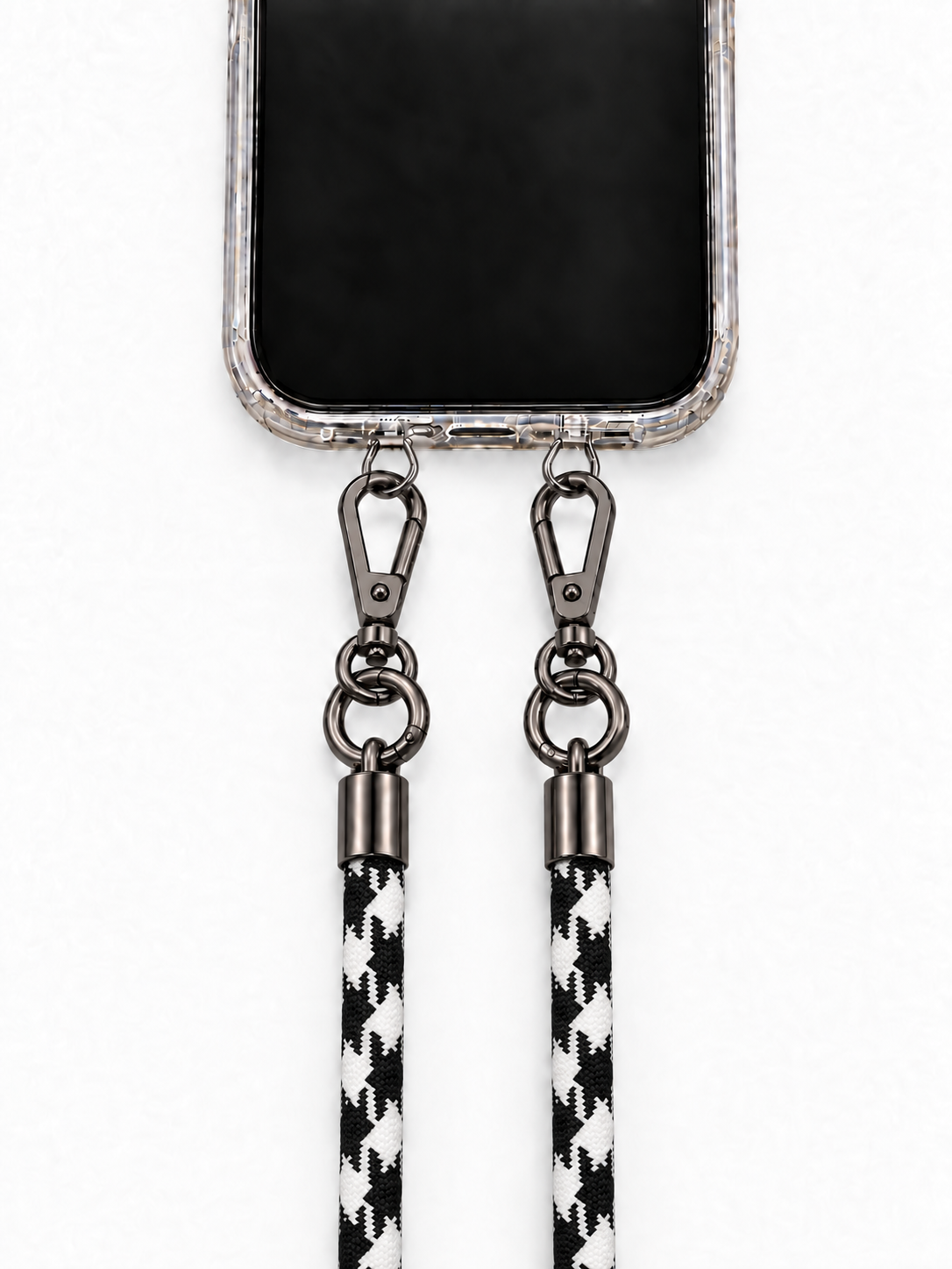 8-mm-Umhängebändel Schwarz-Weiss Hahnentritt mit zwei schwarzen Haken, mit Metalladapter in Silber