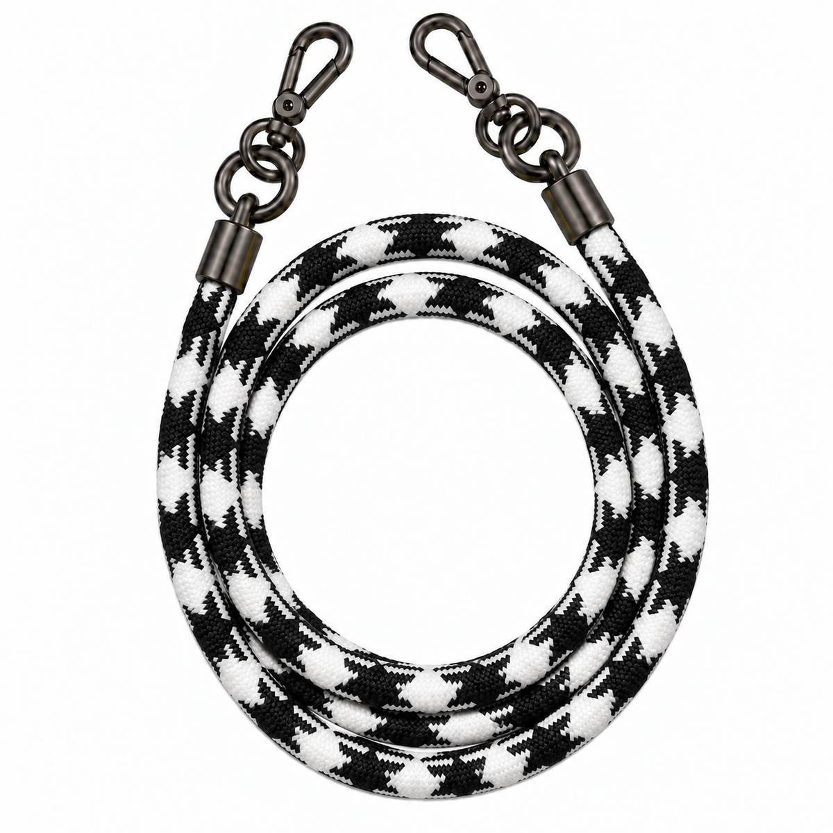8-mm-Umhängebändel Schwarz-Weiss Hahnentritt mit zwei schwarzen Haken, ohne Adapter