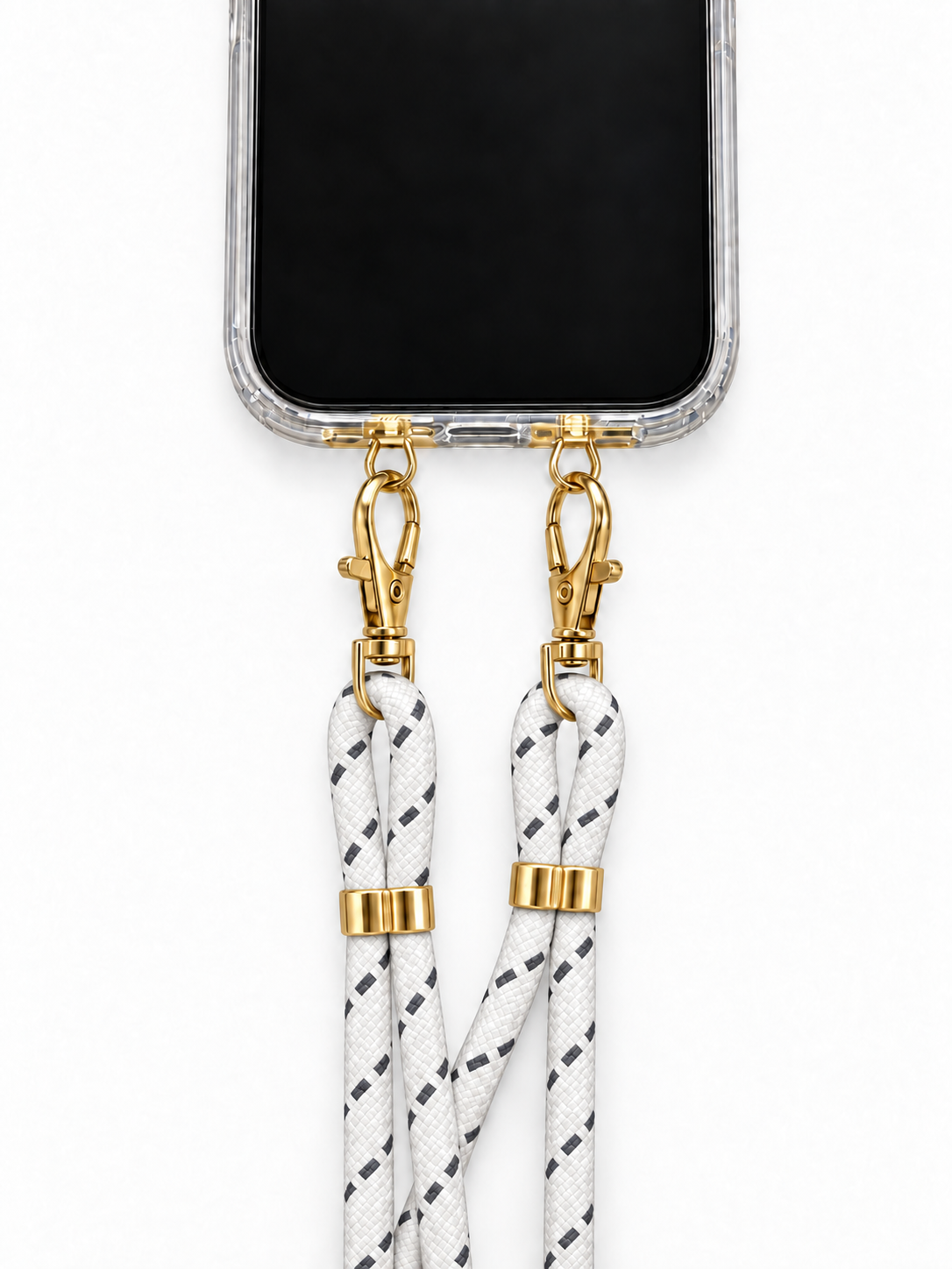 Handykette Weiss mit grauen Strichen – 6 mm, 2 goldene Haken, mit Metalladapter in Gold, Ansicht 1