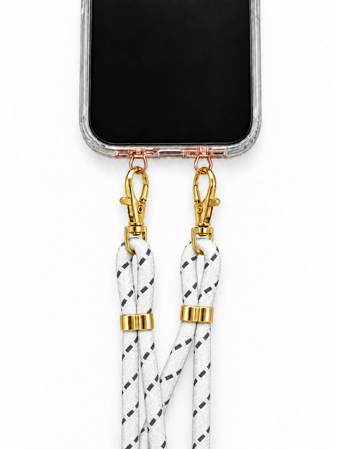 Handykette Weiss mit grauen Strichen – 6 mm, 2 goldene Haken, mit Metalladapter in Roségold, Ansicht 1