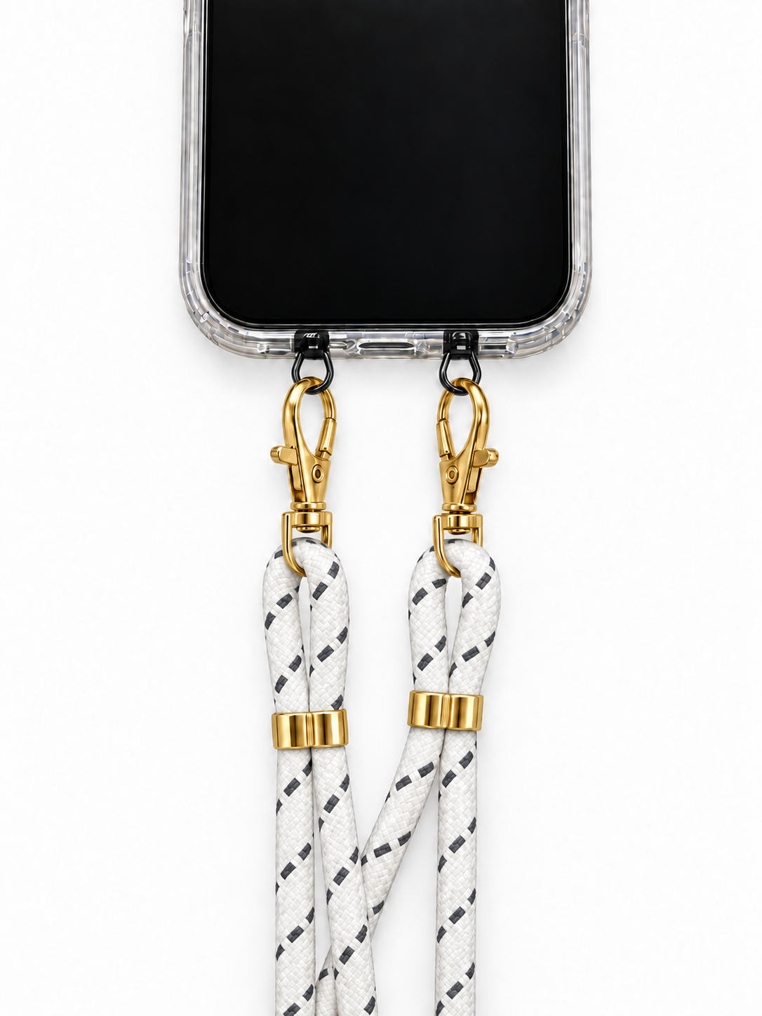 Handykette Weiss mit grauen Strichen – 6 mm, 2 goldene Haken, mit Metalladapter in Schwarz, Ansicht 1