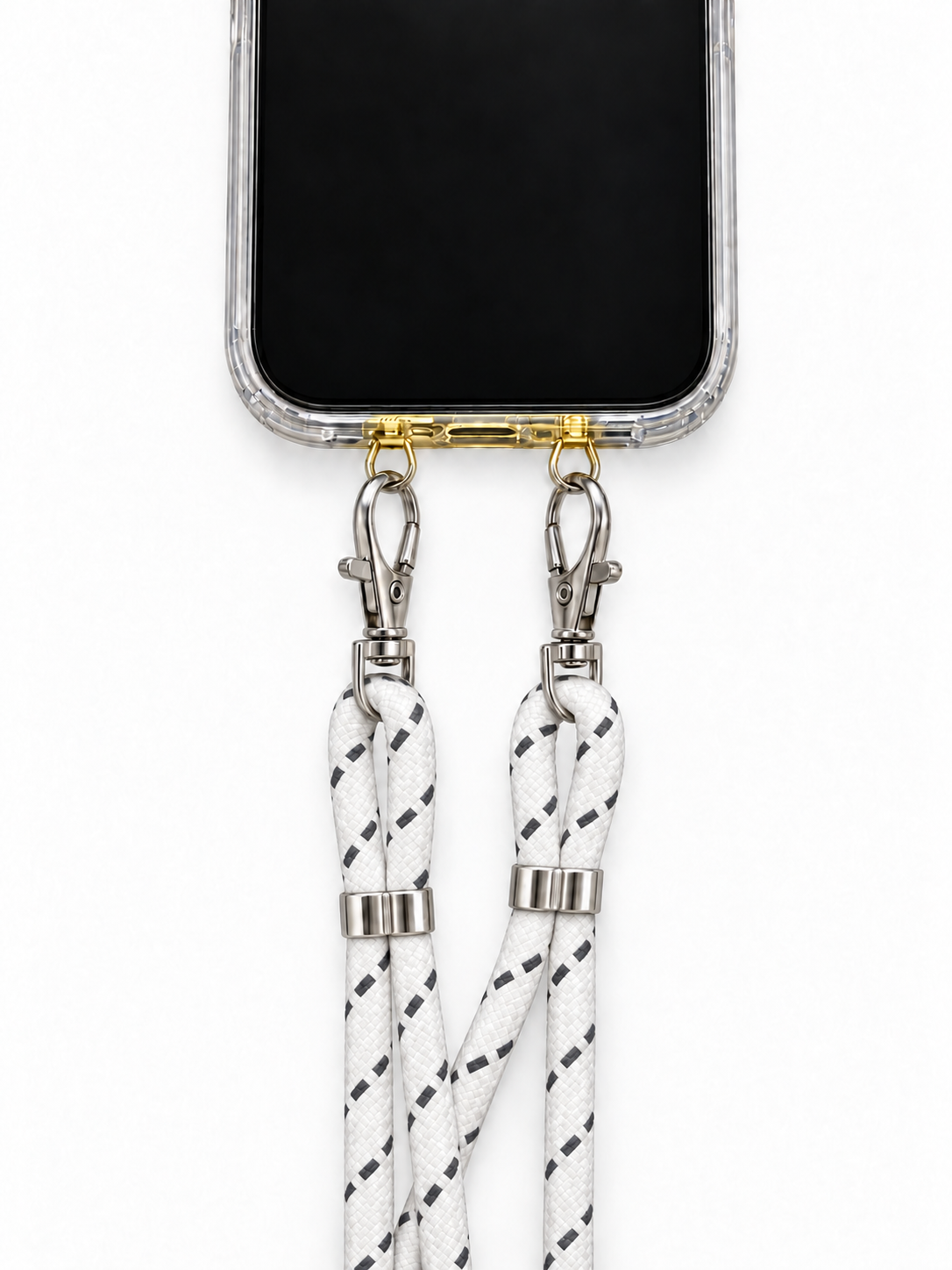 Handykette Weiss mit grauen Strichen – 6 mm, 2 silberne Haken, mit Metalladapter in Gold, Ansicht 1