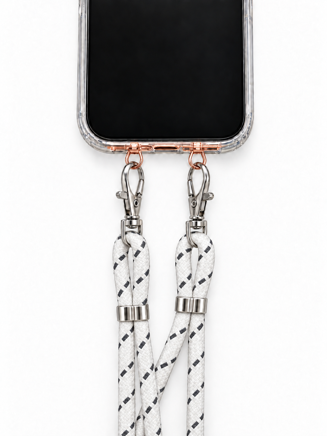 Handykette Weiss mit grauen Strichen – 6 mm, 2 silberne Haken, mit Metalladapter in Roségold, Ansicht 1