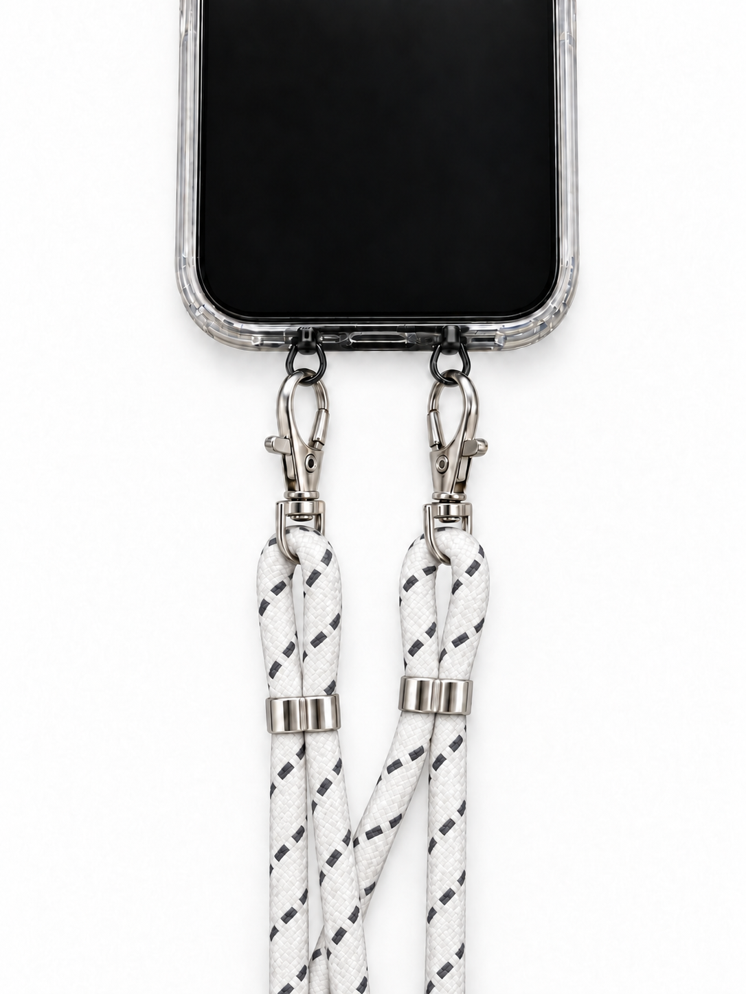 Handykette Weiss mit grauen Strichen – 6 mm, 2 silberne Haken, mit Metalladapter in Schwarz, Ansicht 1