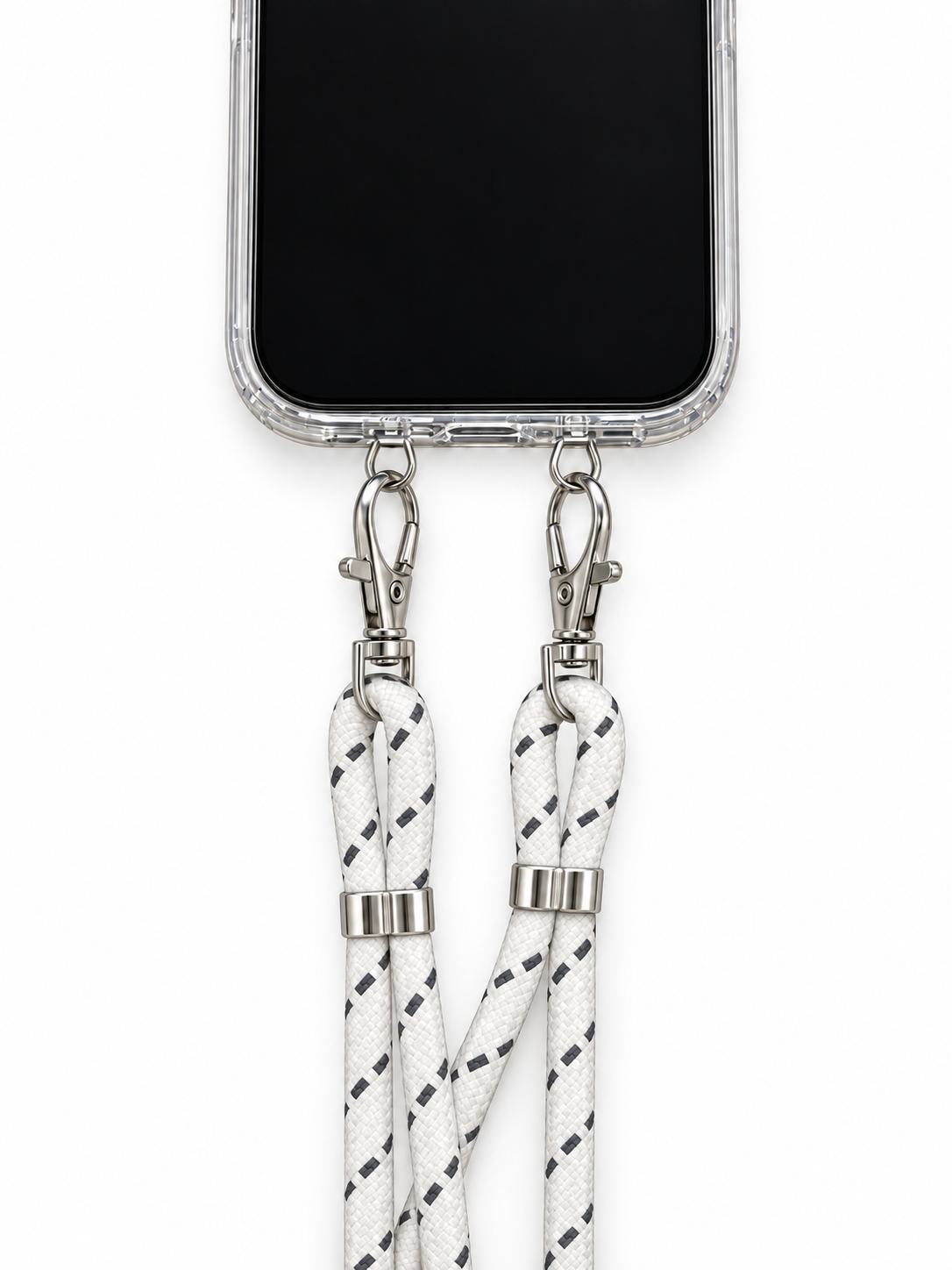 Handykette Weiss mit grauen Strichen – 6 mm, 2 silberne Haken, mit Metalladapter in Silber, Ansicht 1