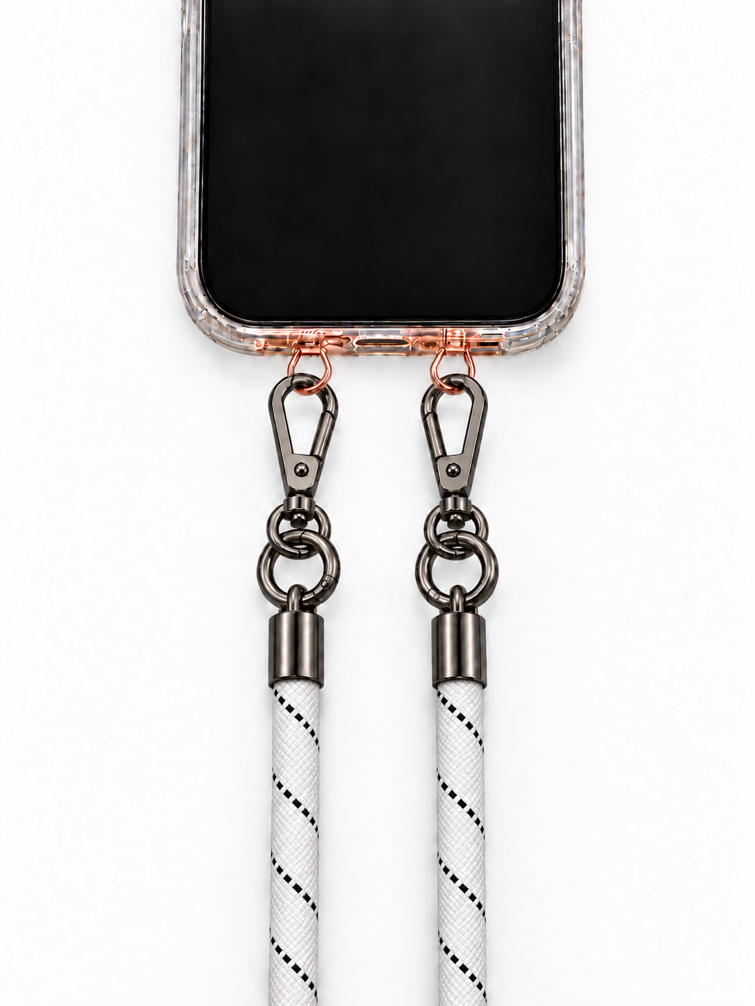 8-mm-Umhängebändel Weiss mit schwarzen Strichen mit zwei schwarzen Haken, mit Metalladapter in Roségold