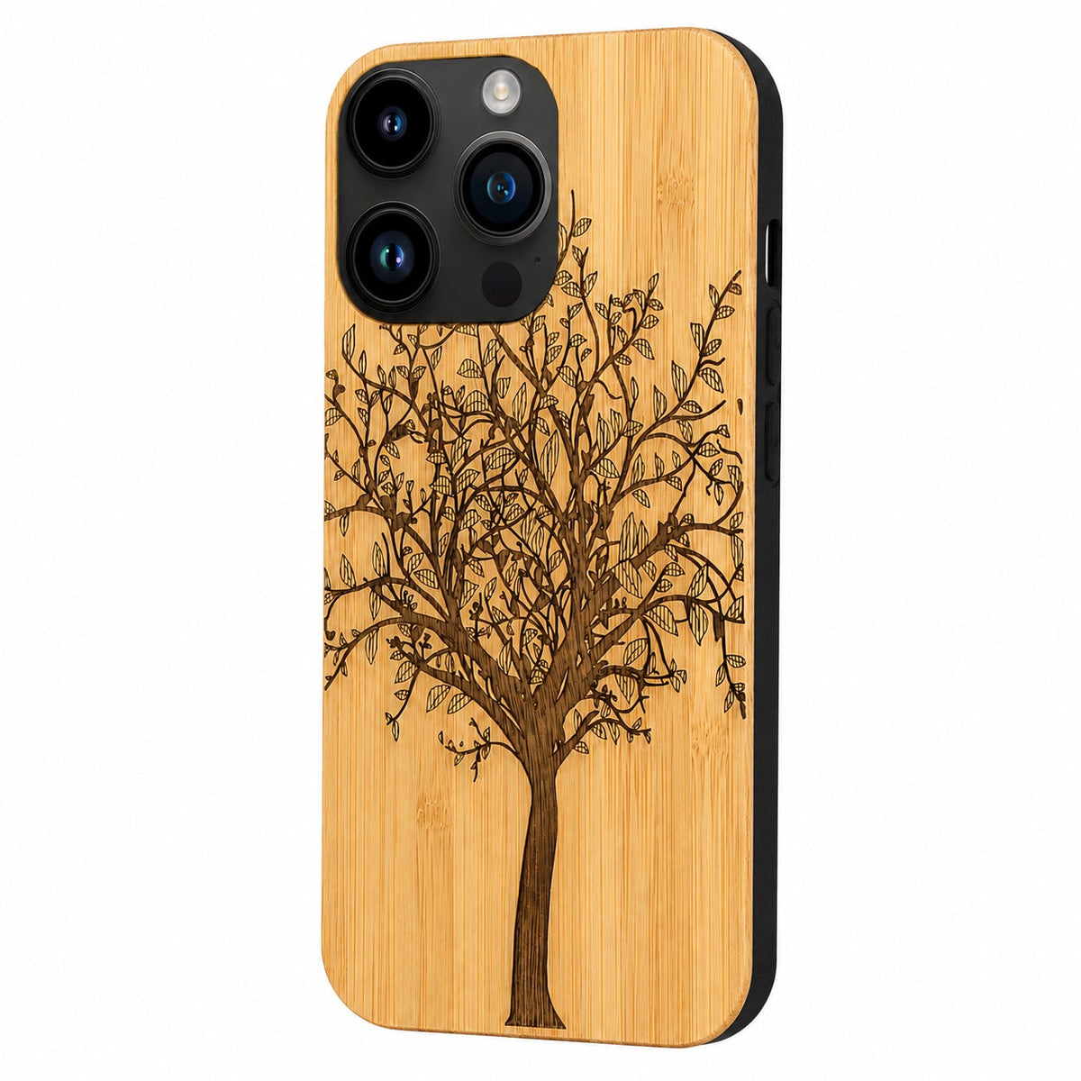 Lebensbaum Eden Case aus Bambus für iPhone 14 Pro – Schrägansicht