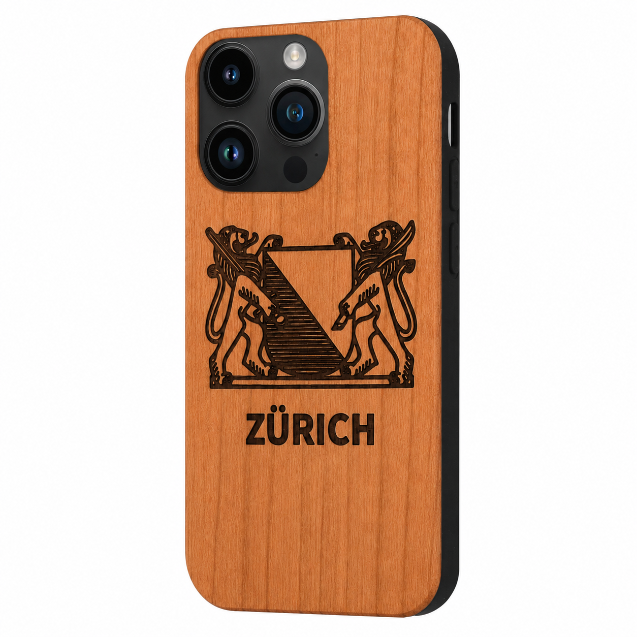 Zürich Wappen Eden Case aus Kirschholz für das iPhone 14 Pro – Schrägansicht