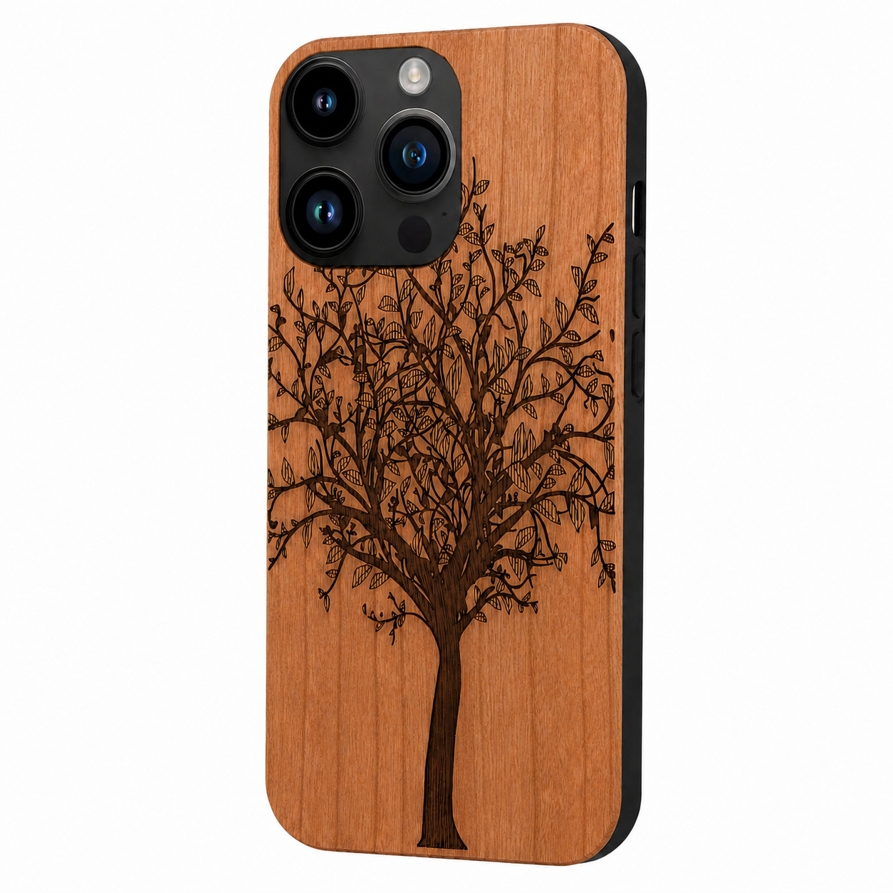 Lebensbaum Eden Case aus Kirschholz für iPhone 14 Pro Max – Schrägansicht
