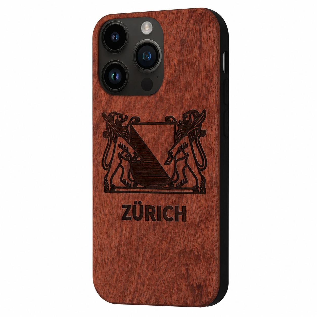 Zürich Wappen Eden Case aus Rosenholz für das iPhone 14 Pro Max – Schrägansicht