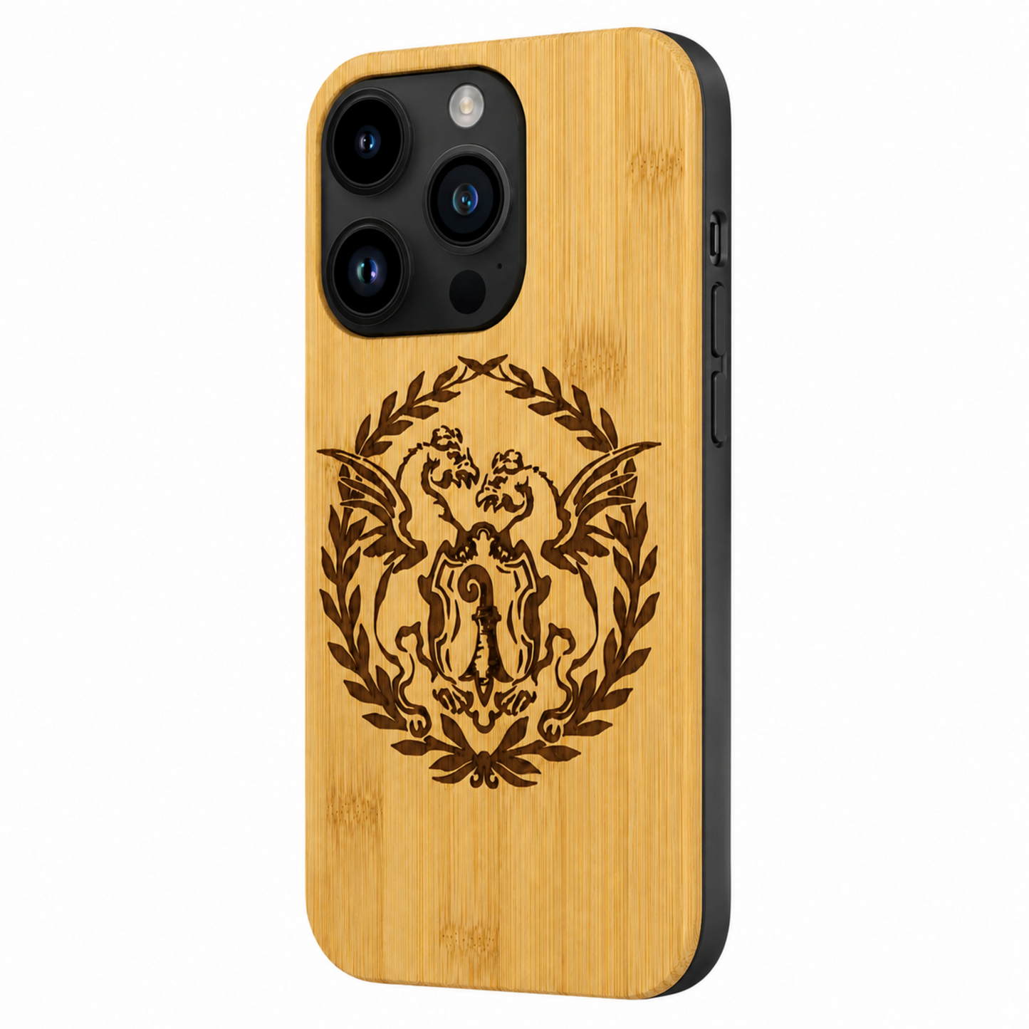 Basilisk Eden Case aus Bambus für das iPhone 15 Pro – Schrägansicht