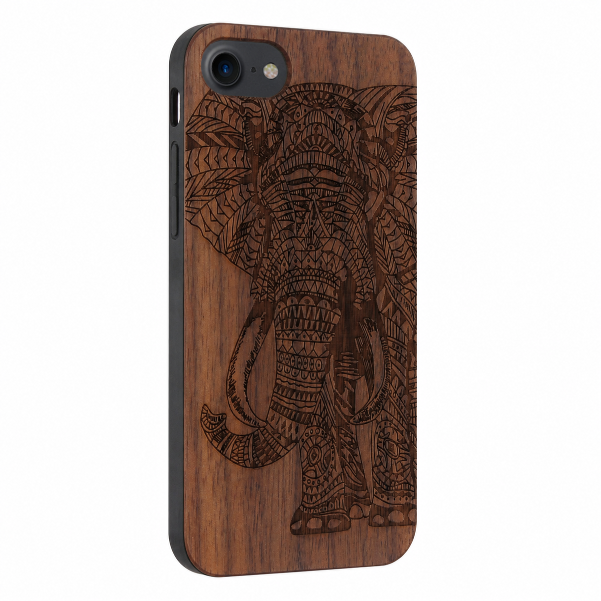 Elefanten Eden Case aus Nussbaumholz für das iPhone 6/6S/7/8/SE 2020/SE 2022 – schräge Gegenansicht