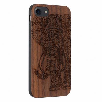 Elefanten Eden Case aus Nussbaumholz für das iPhone 6/6S/7/8/SE 2020/SE 2022 – schräge Gegenansicht