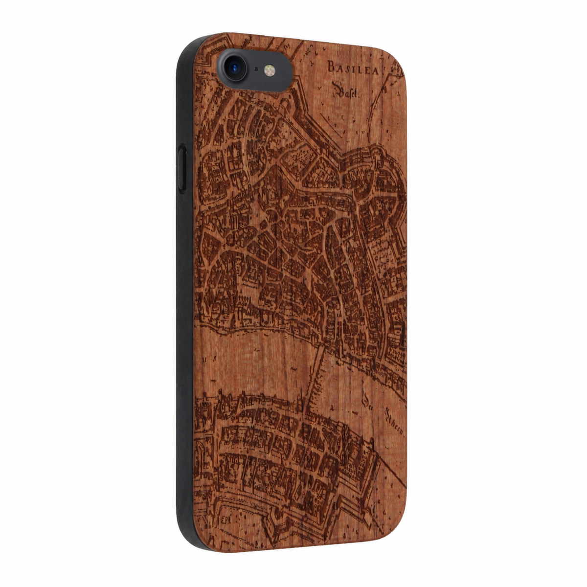 Basel Merian Eden Case aus Kirschholz für das iPhone 7/8/SE 2020/SE 2022 – schräge Gegenansicht