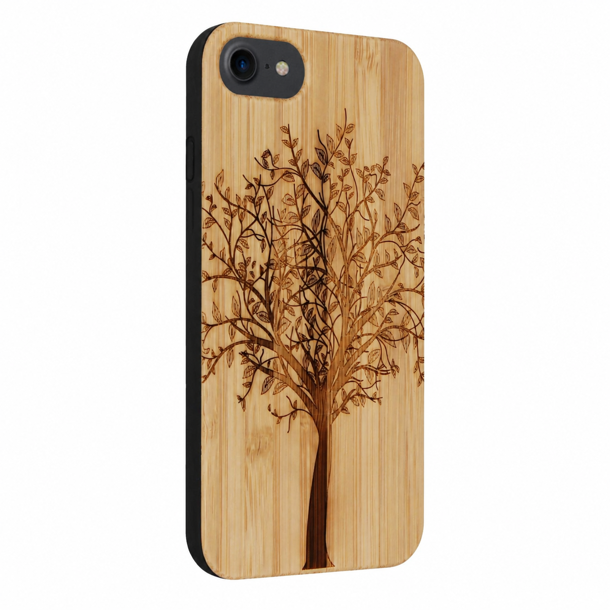 Lebensbaum Eden Case aus Bambus für das iPhone 6/6S/7/8/SE 2020/SE 2022 – schräge Gegenansicht
