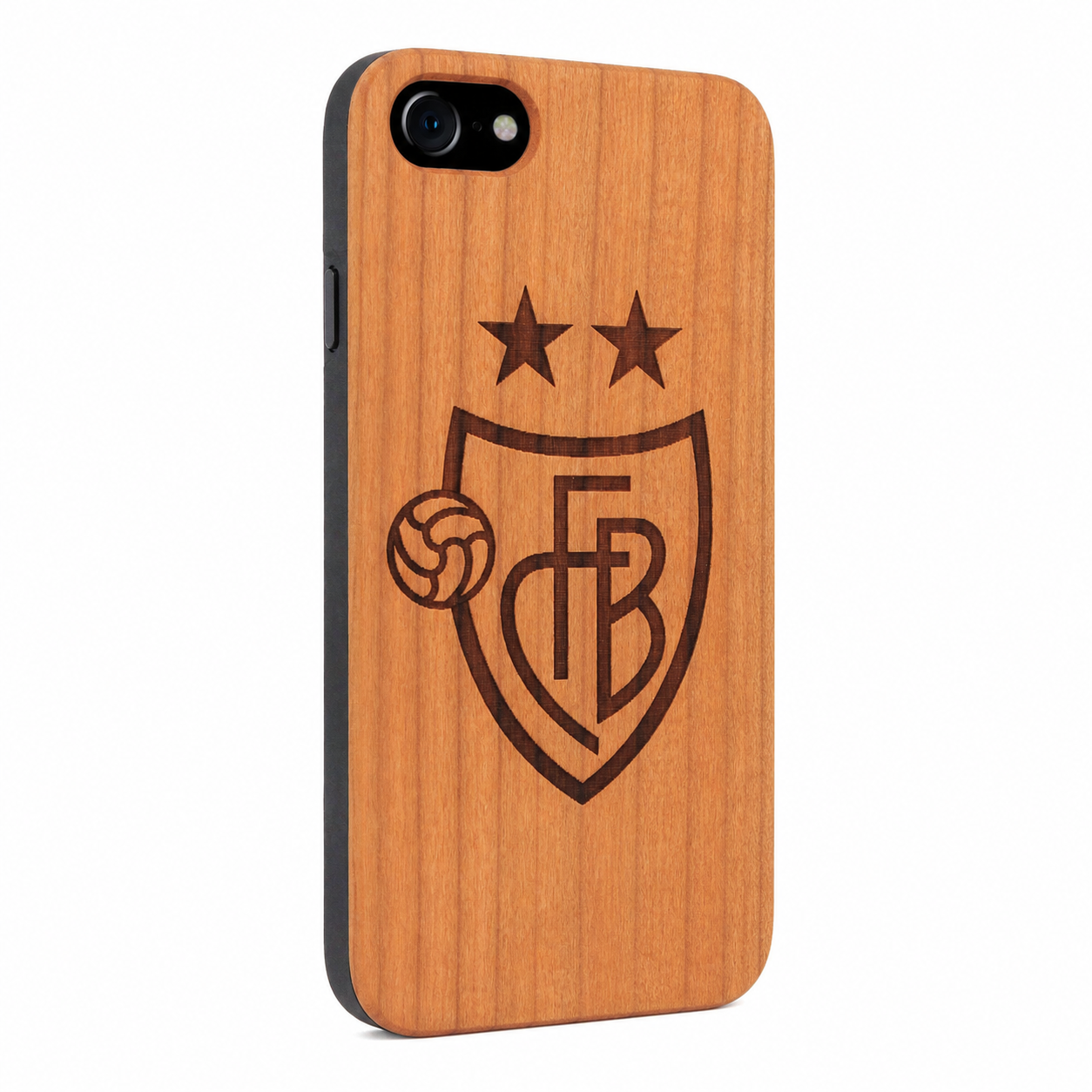 FC Basel Eden Case aus Kirschholz für das iPhone 6/6S/7/8/SE 2020/SE 2022 – schräge Gegenansicht