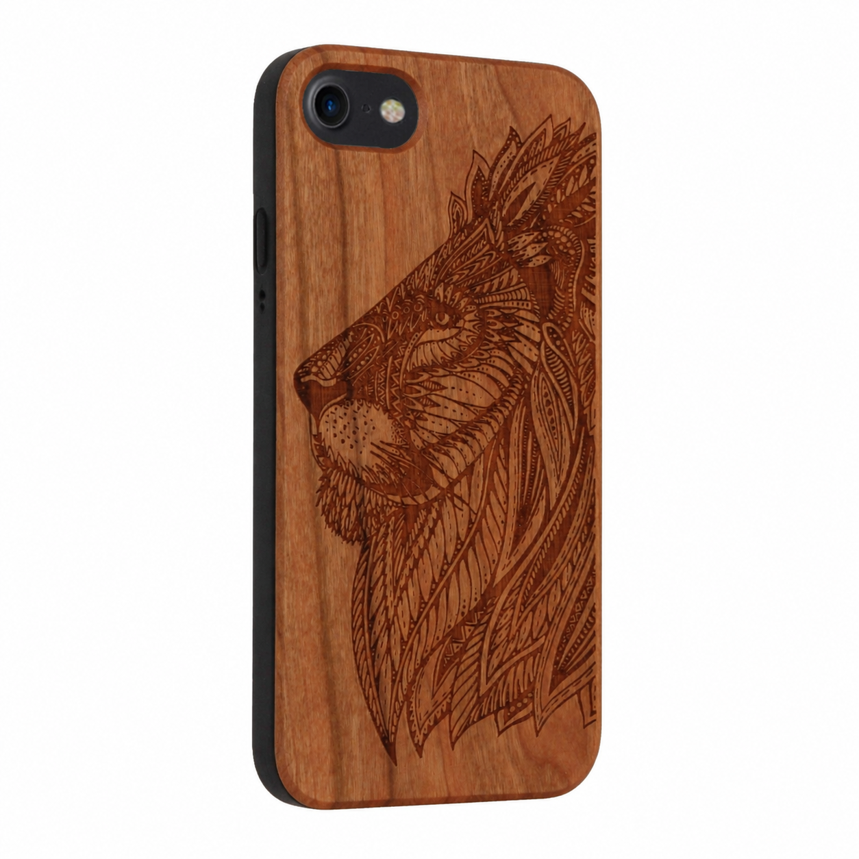 Löwen Eden Case aus Kirschholz für das iPhone 6/6S/7/8/SE 2020/SE 2022 – schräge Gegenansicht