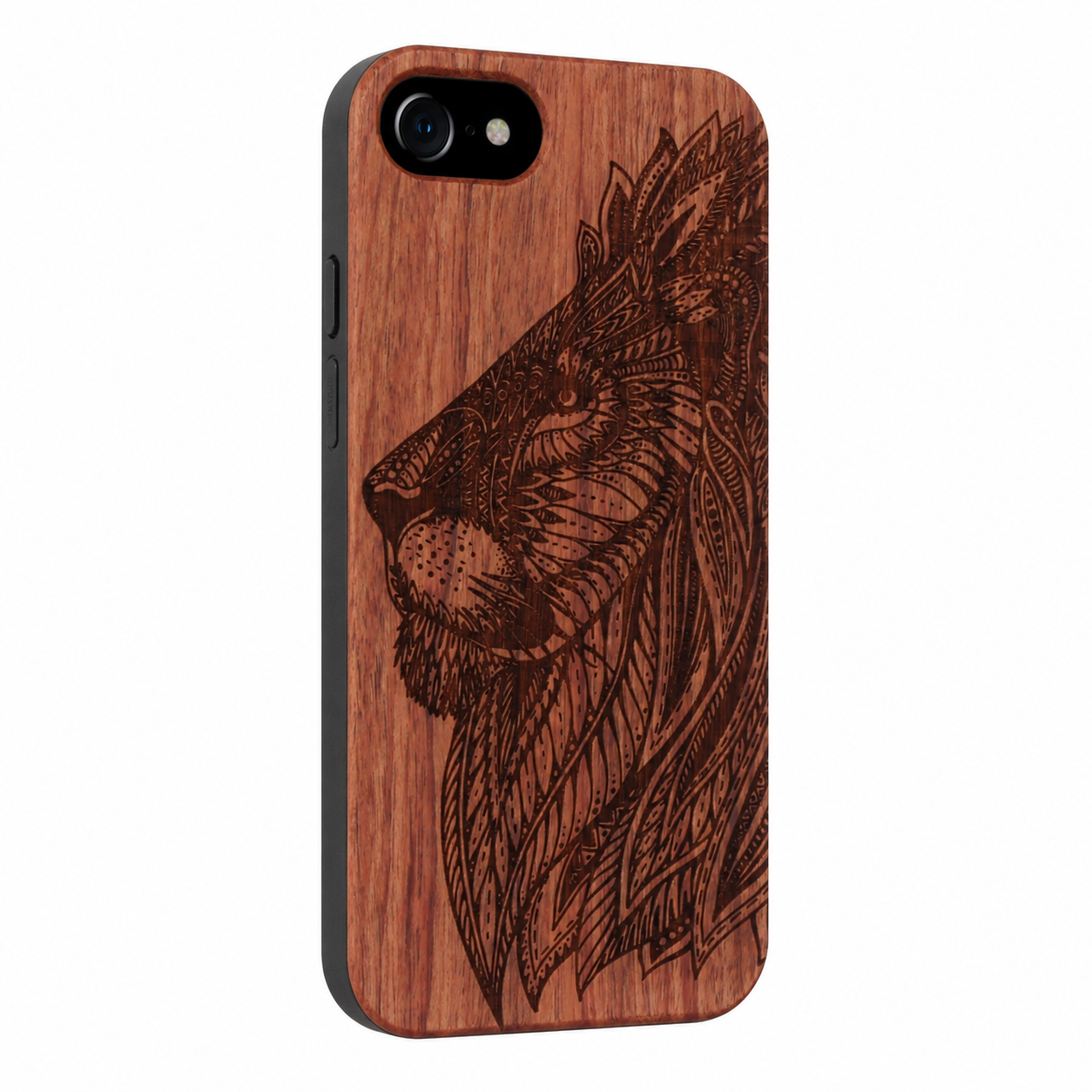 Löwen Eden Case aus Rosenholz für das iPhone 6/6S/7/8/SE 2020/SE 2022 – schräge Gegenansicht
