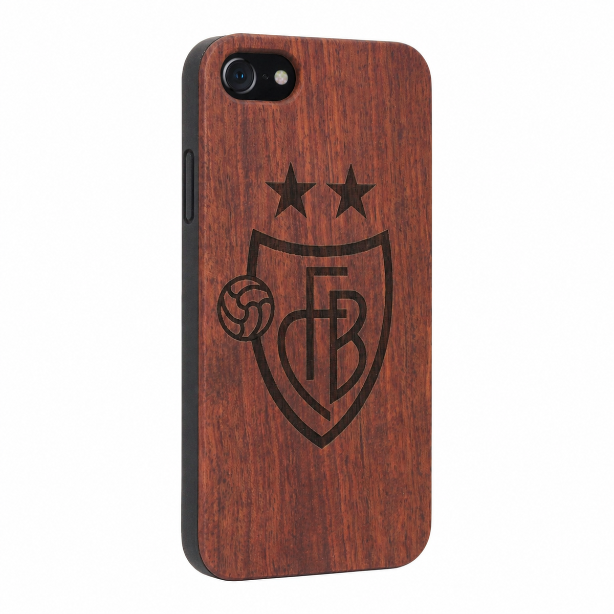 FC Basel Eden Case aus Rosenholz für das iPhone 6/6S/7/8/SE 2020/SE 2022 – schräge Gegenansicht
