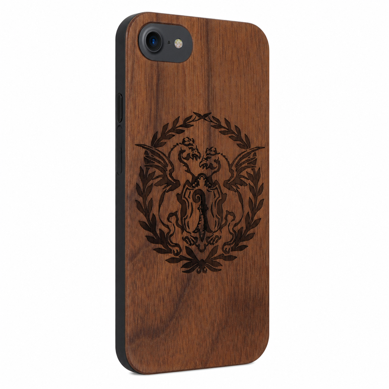 Basilisk Eden Case aus Nussbaumholz für das iPhone 6/6S/7/8/SE 2020/SE 2022 – schräge Gegenansicht