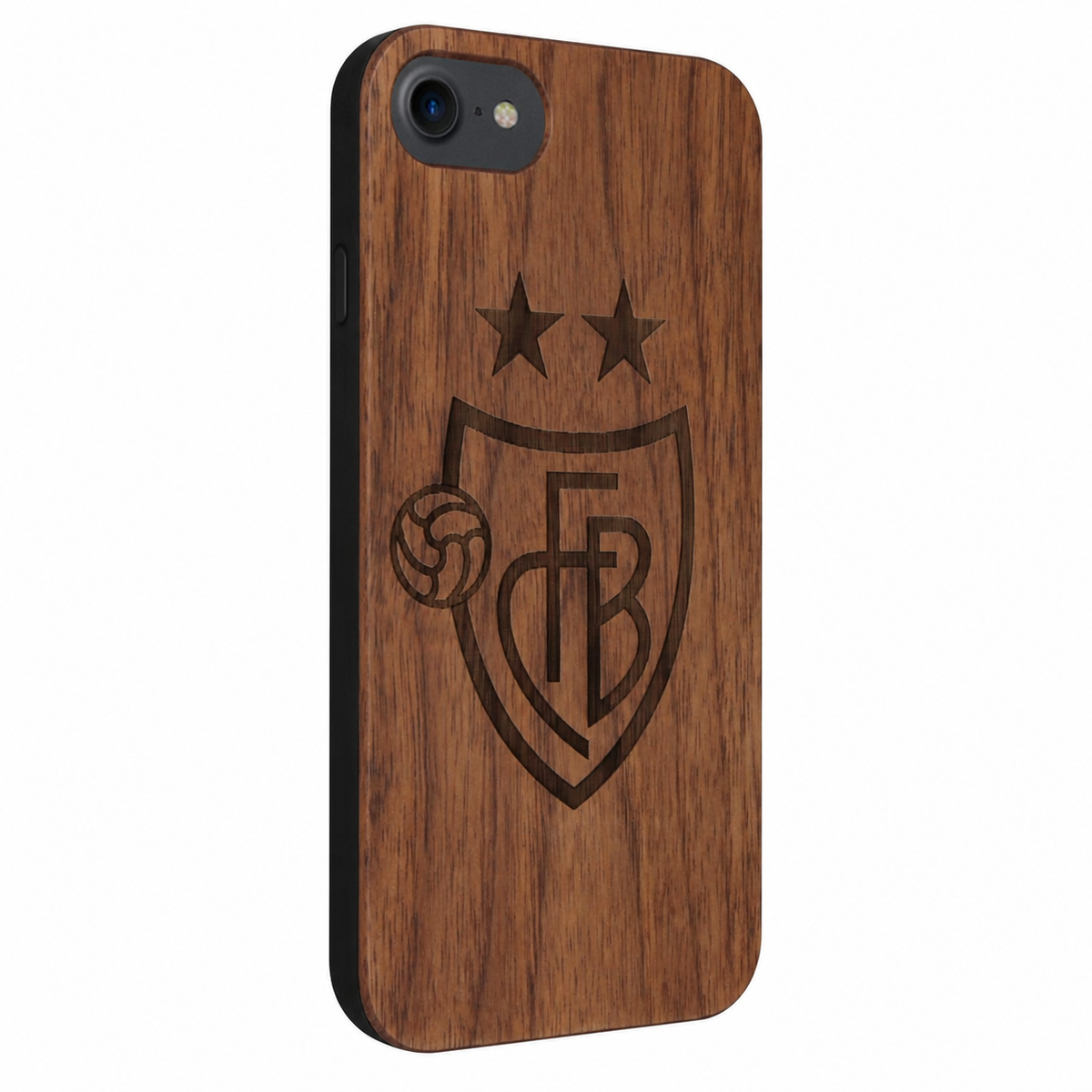 FC Basel Eden Case aus Nussholz für das iPhone 6/6S/7/8/SE 2 – schräge Gegenansicht