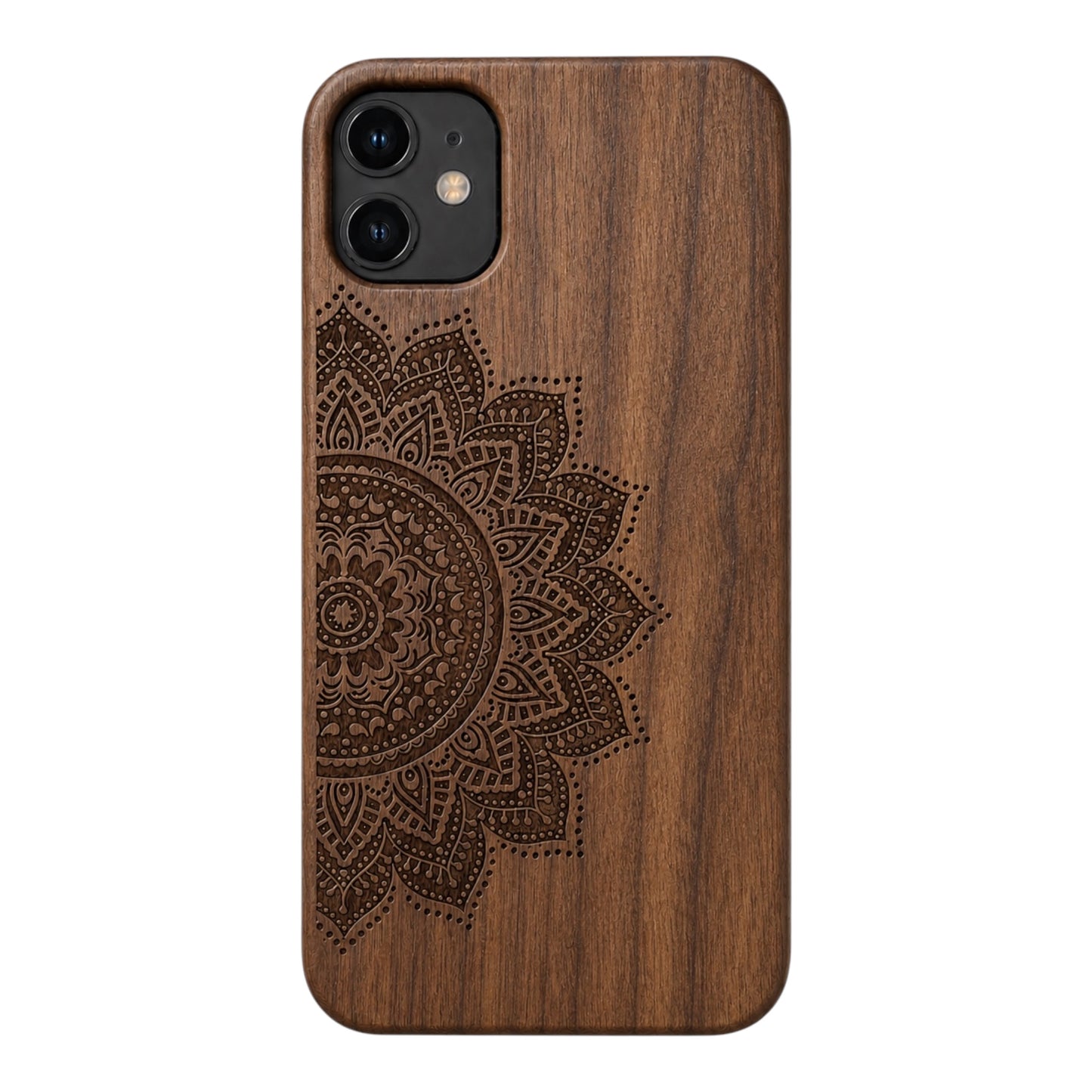 Mandala Eden Case aus Nussbaumholz für das iPhone 11 – Rückansicht