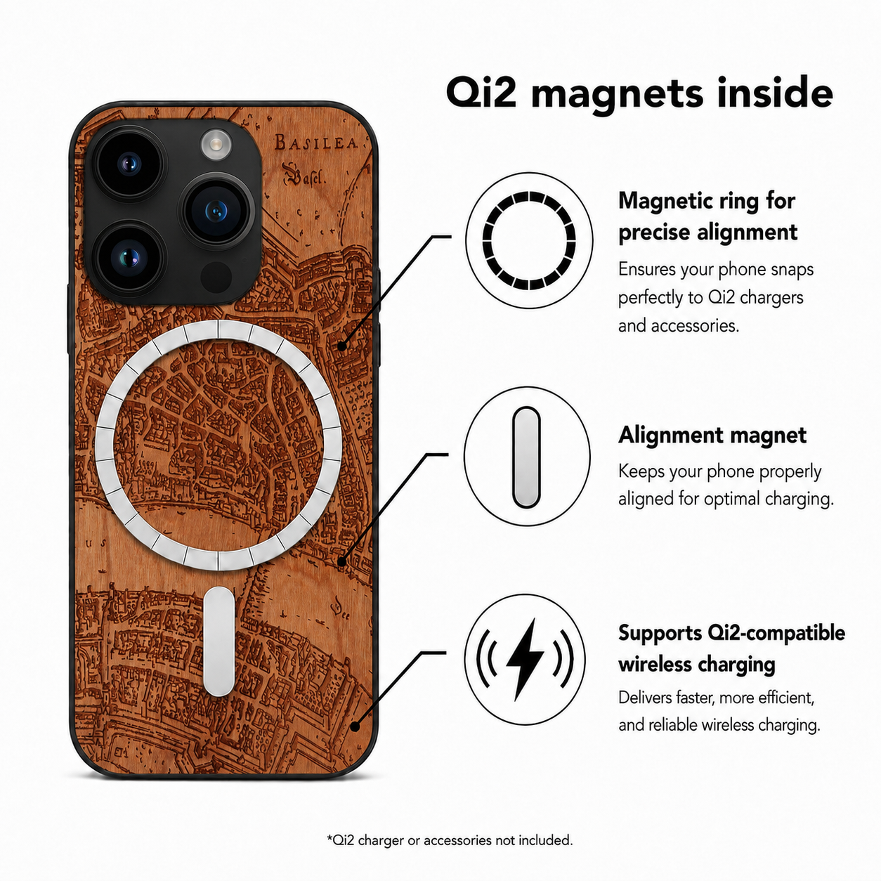 Basel Merian Eden Case aus Kirschholz für das iPhone 14 Pro – Qi2-Magnete und kabelloses Laden