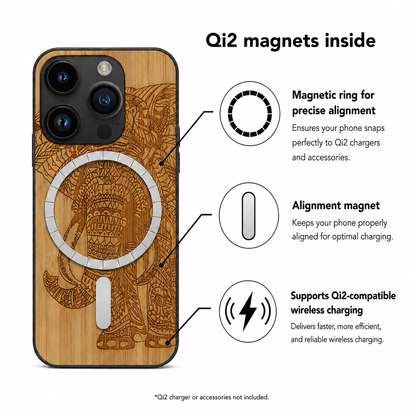 Elefanten Eden Case aus Bambus für das iPhone 14 Pro Max – Qi2-Magnete und kabelloses Laden