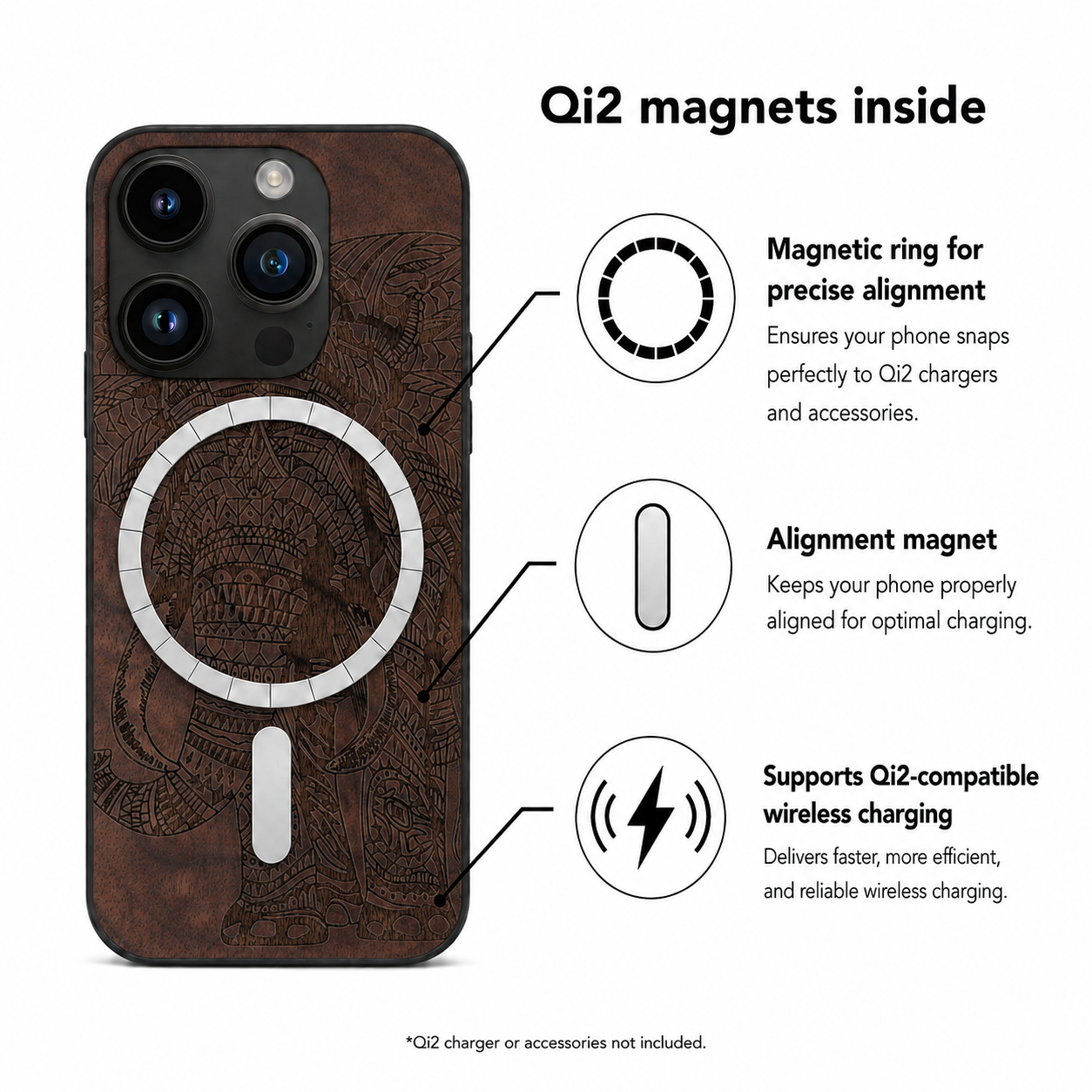 Elefanten Eden Case aus Nussbaumholz für das iPhone 14 Pro – Qi2-Magnete und kabelloses Laden