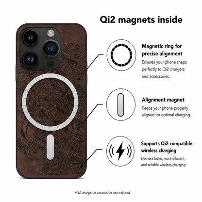 Elefanten Eden Case aus Nussbaumholz für das iPhone 14 Pro – Qi2-Magnete und kabelloses Laden