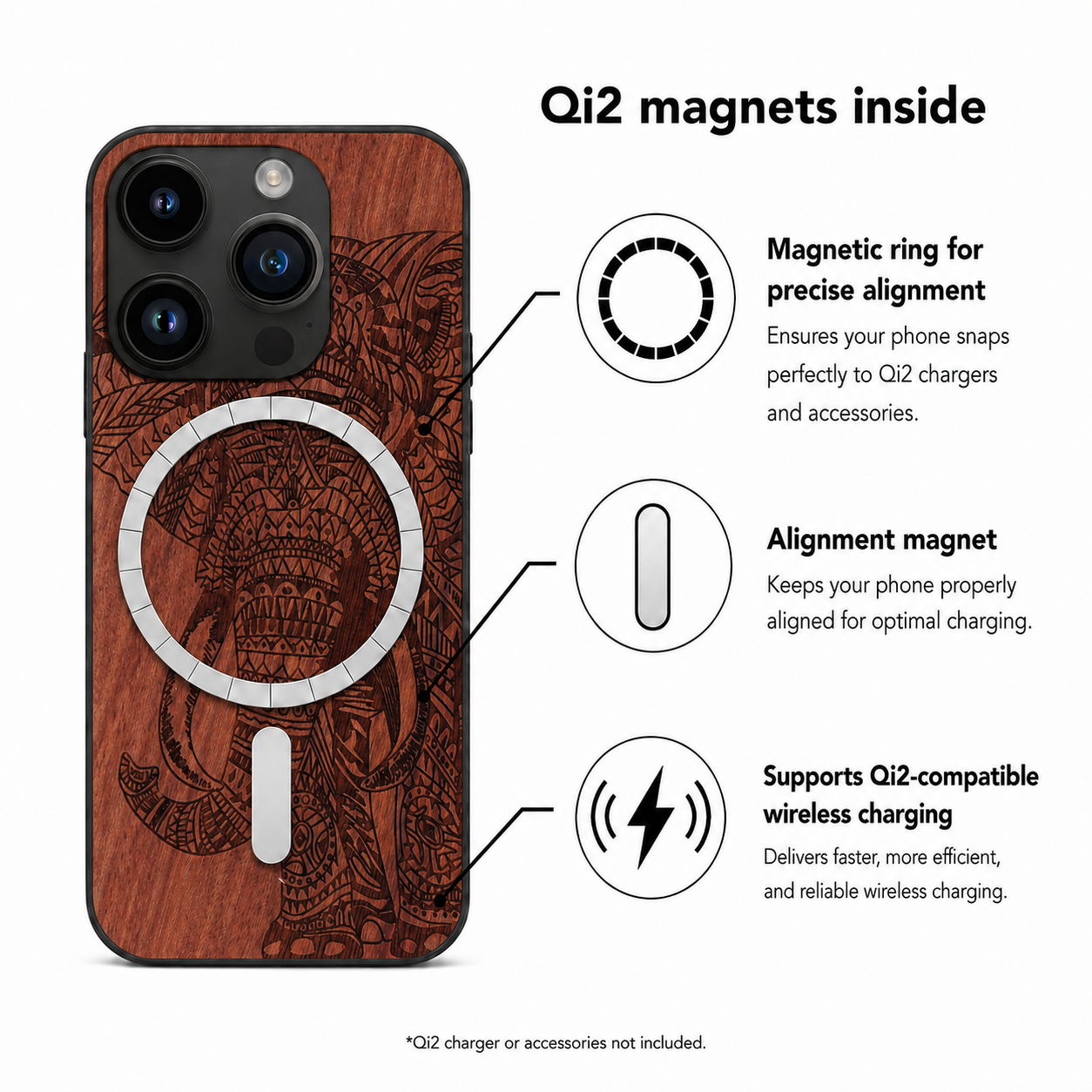 Elefanten Eden Case aus Rosenholz für das iPhone 14 Pro – Qi2-Magnete und kabelloses Laden