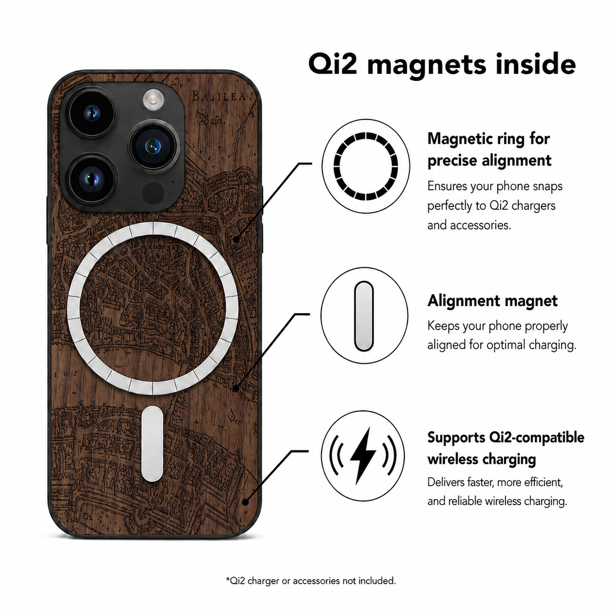 Basel Merian Eden Case aus Nussbaumholz für das iPhone 14 Pro Max – Qi2-Magnete und kabelloses Laden