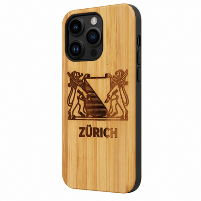Zürich Wappen Eden Case aus Bambus für das iPhone 15 Pro – Schrägansicht