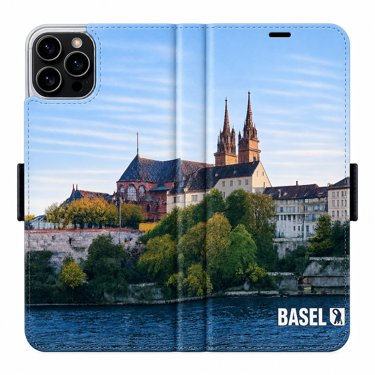 Basel City Münster Panorama Victor Case für iPhone 16 Pro – vollständig geöffnete Außenansicht
