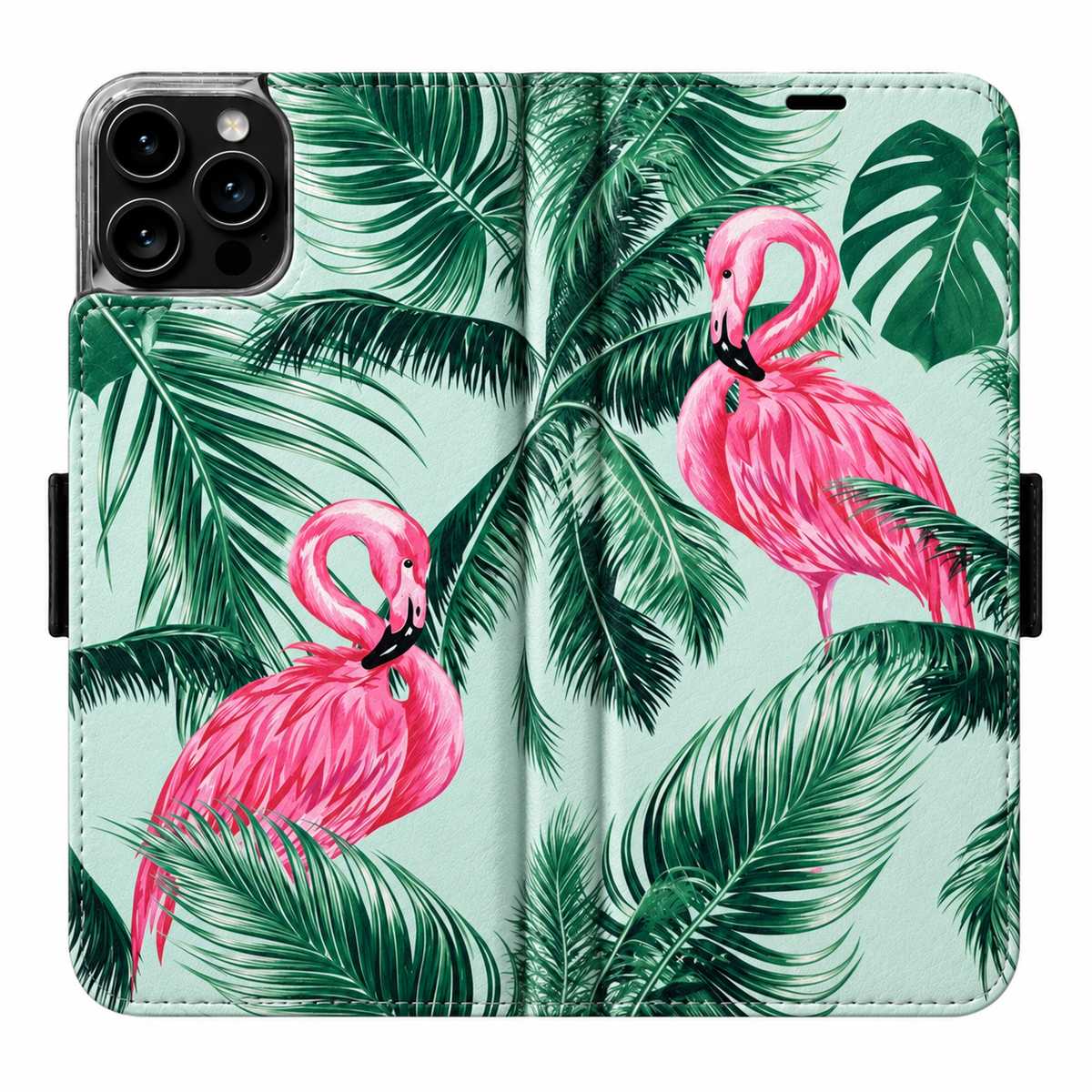 Flamingo Victor Case für iPhone 16 Pro – vollständig geöffnete Außenansicht