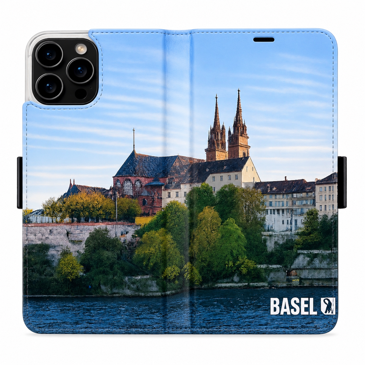 Basel City Münster Panorama Victor Case für iPhone 16 Pro Max – geöffnete Außenansicht