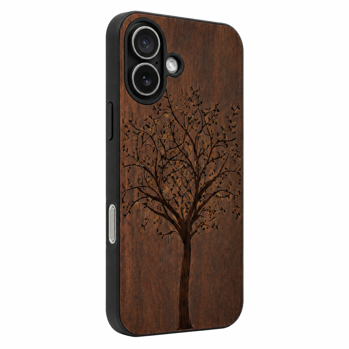 Lebensbaum Eden Case aus Nussbaumholz für das iPhone 17 mit MagSafe – Camera-Control-Ansicht
