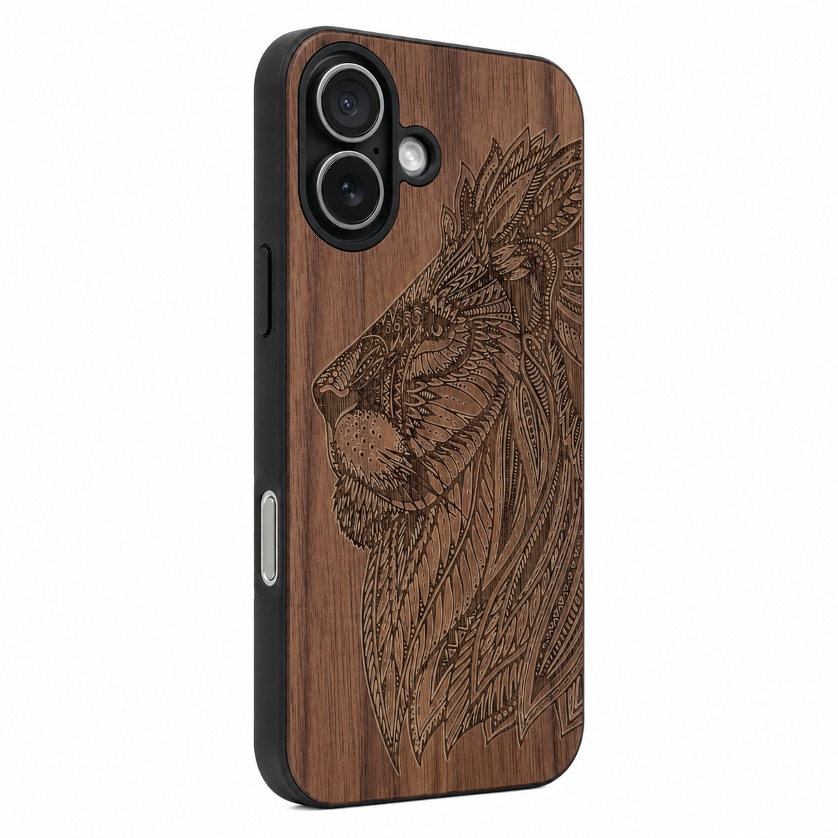 Löwen Eden Case aus Nussbaumholz für das iPhone 17 mit MagSafe – Camera-Control-Ansicht