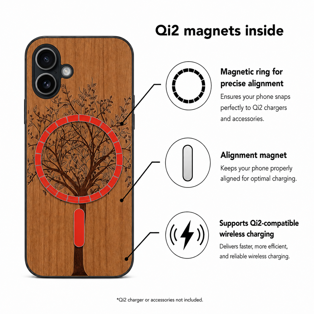 Lebensbaum Eden Case aus Kirschholz für das iPhone 17 – Qi2-Magnete und kabelloses Laden