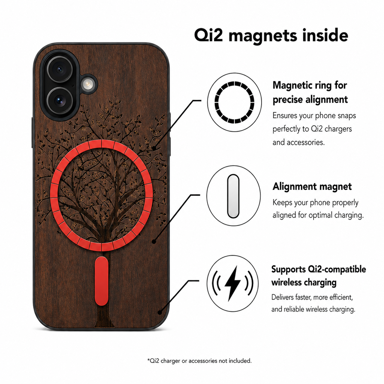 Lebensbaum Eden Case aus Nussbaumholz für das iPhone 17 – Qi2-Magnete und kabelloses Laden