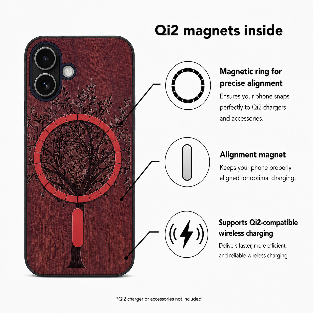 Lebensbaum Eden Case aus Rosenholz für das iPhone 17 – Qi2-Magnete und kabelloses Laden