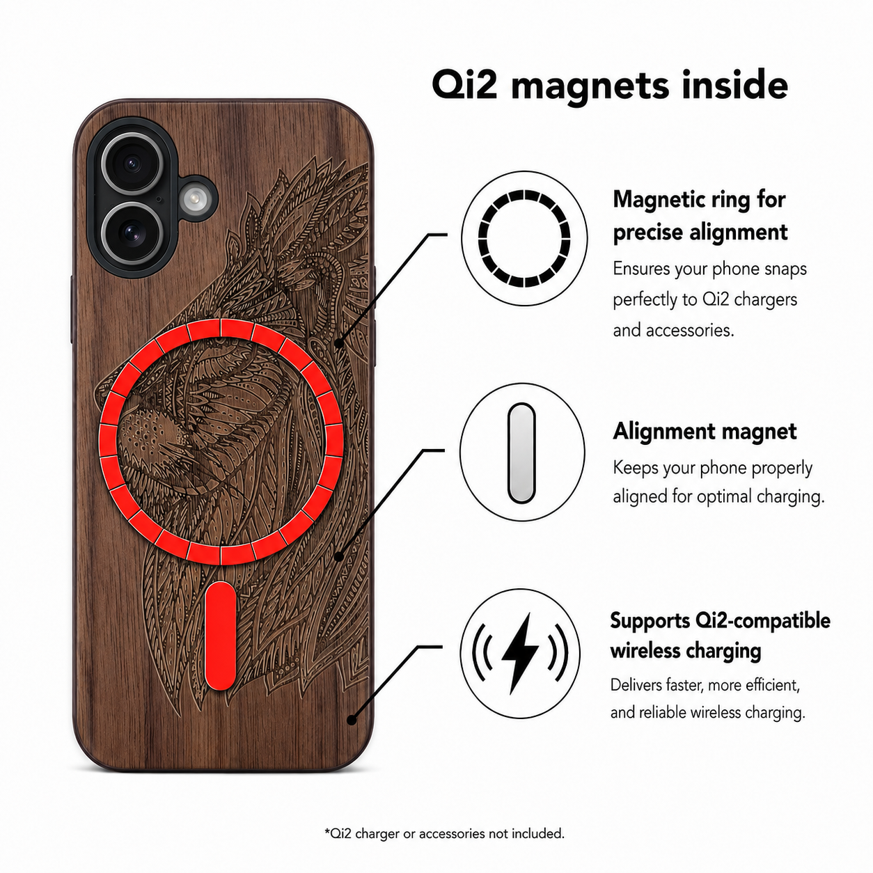 Löwen Eden Case aus Nussbaumholz für das iPhone 17 – Qi2-Magnete und kabelloses Laden