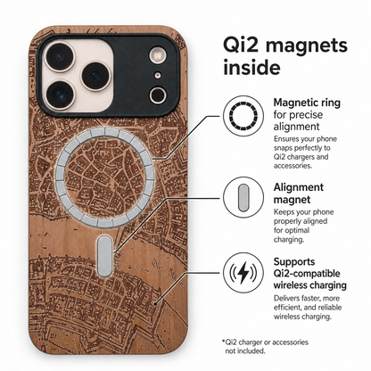 Basel Merian Eden Case aus Kirschholz für iPhone 17 Pro – Qi2- und MagSafe-Ansicht