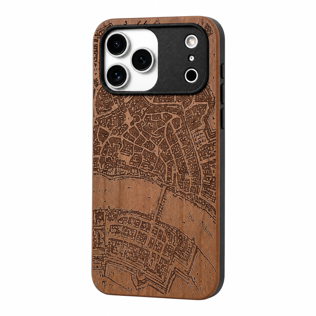 Basel Merian Eden Case aus Kirschholz für iPhone 17 Pro – Schrägansicht