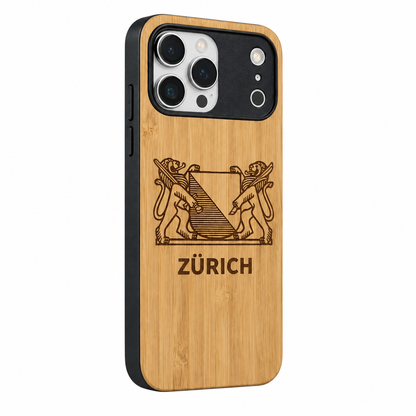 Zürich Wappen Eden Case aus Bambus für das iPhone 17 Pro Max – gegenüberliegende Schrägansicht