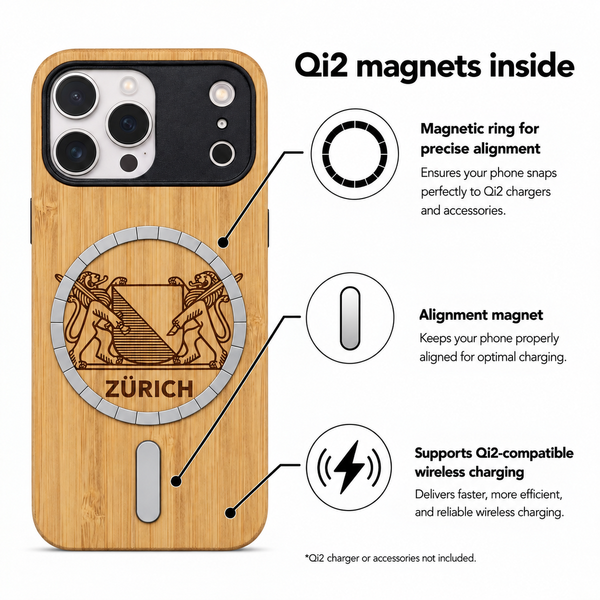 Zürich Wappen Eden Case aus Bambus für das iPhone 17 Pro Max – Qi2- und MagSafe-Infografik