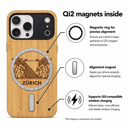 Zürich Wappen Eden Case aus Bambus für das iPhone 17 Pro Max – Qi2- und MagSafe-Infografik