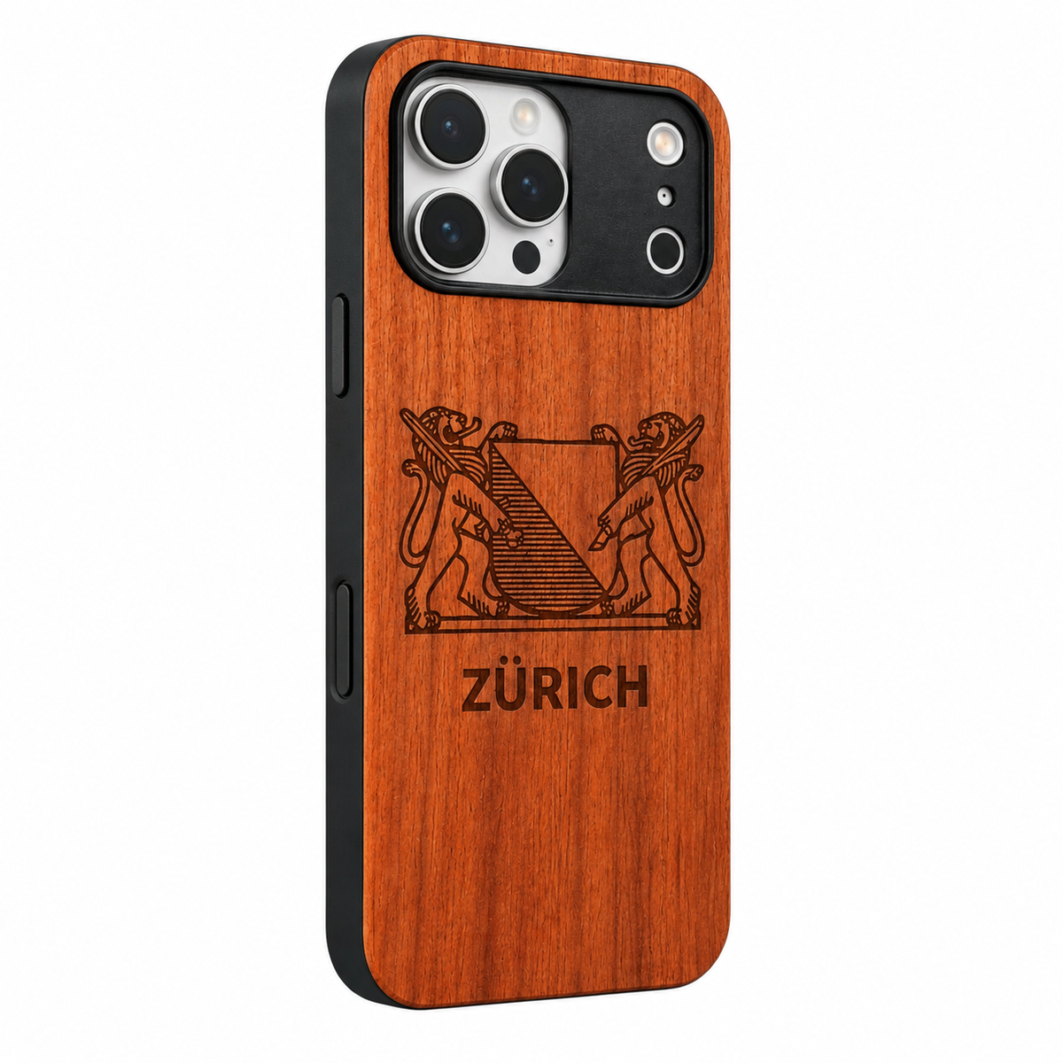 Zürich Wappen Eden Case aus Kirschholz für das iPhone 17 Pro Max – gegenüberliegende Schrägansicht